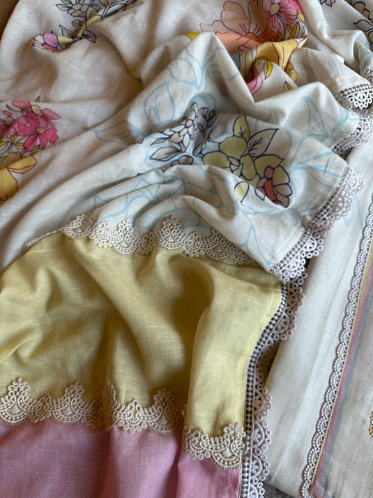 Ivory pure linen suit set with candy shades crochet dupatta