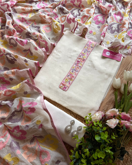 Mul Chanderi pastel embroidered dupatta suit set