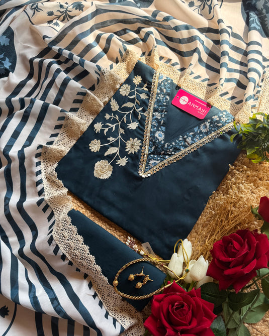 Mirror V neck Cambric cotton embroidered suit set with muslin printed dupatta