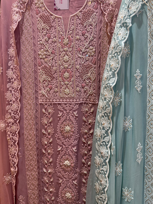 Embellished pearl chiknakari pure georgette suit set