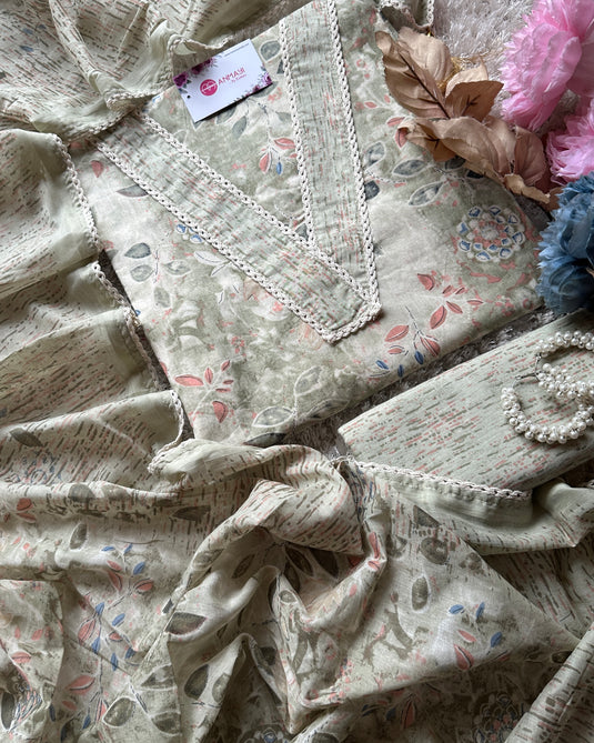 Cambric pastel printed v neck suit set with cotton dupatta