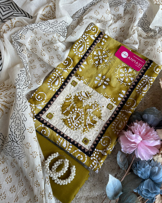 Cambric batik print suit with hakooba neck and block print dupatta