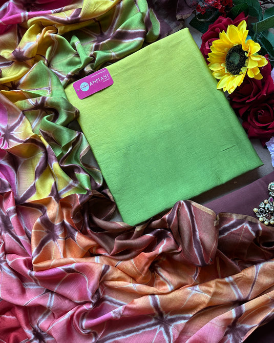 Ombré shaded pure maheshwari suit set with contrast bottom and Shibori dyed dupatta