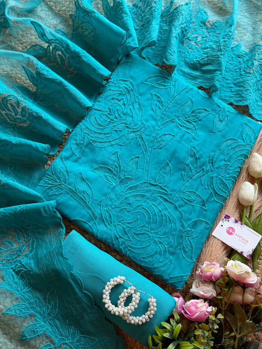 Cutwork organza bright Mul Chanderi suit set