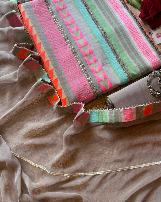 Neon weave pure cotton coffee suit set with pure chiffon gotta dupatta