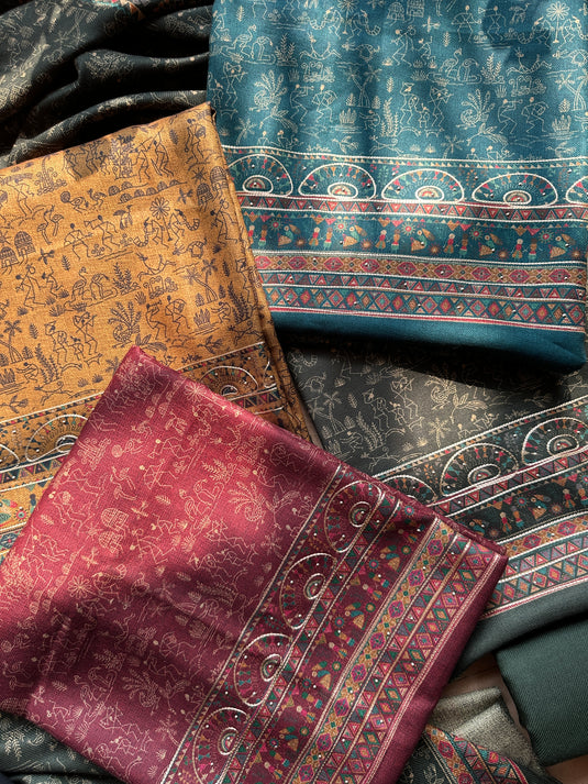 Warli print highlighted spun suit set