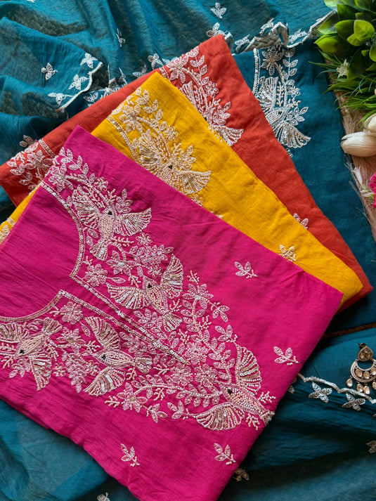 Flying bird pearl work Mul Chanderi suit set