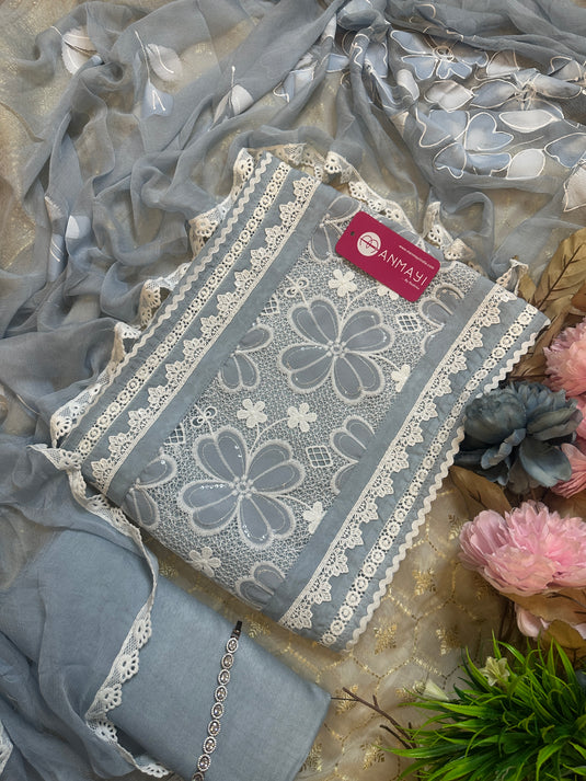 Pastel organza crochet detail suit set with handpaint dupatta