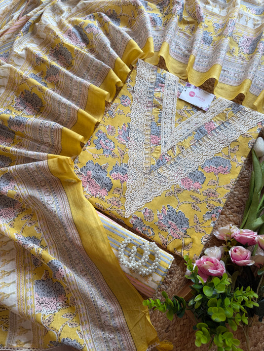 Cambric cotton V neck crochet Jaipuri pastel suit set