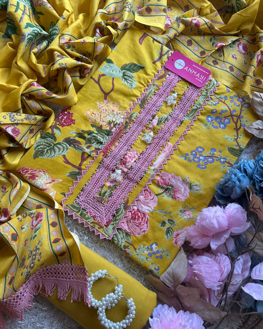 Printed floral flowy cotton suit with fringe laces detail