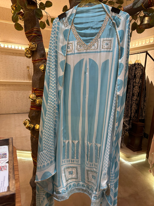 Patterned v neck pure crepe suit sets with pure georgette dupatta