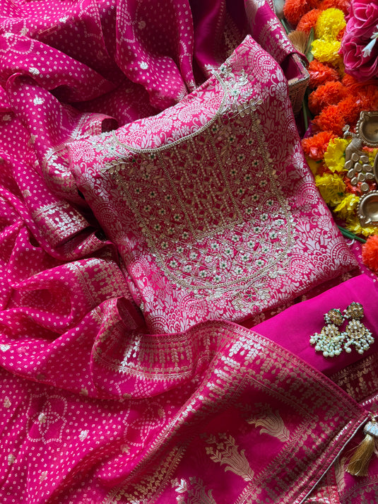 Brocade silk pita pearl work suit set with Banarasi Georgette dupatta
