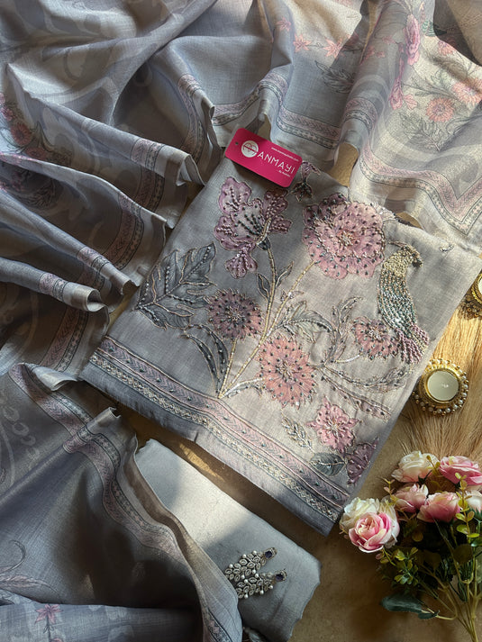 Shimmer linen bird highlighted pastel suit set