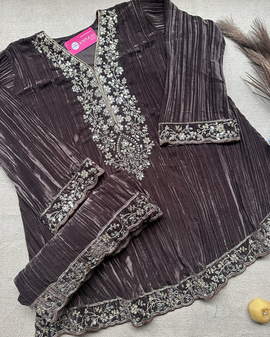 Crushed velvet Pakistani coord sets with Dori and mirror details