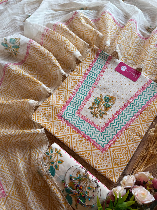 Pure cotton block highlighted neck abstract print suit set