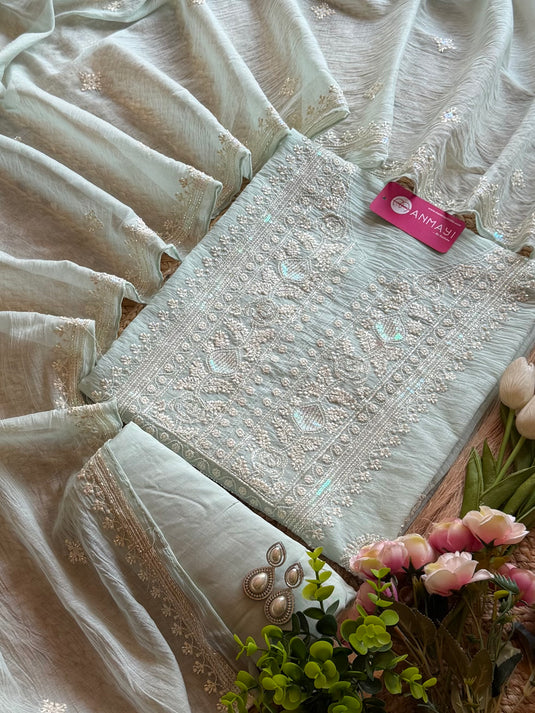Lucknawi cutdana work pastel Mul Chanderi suit set