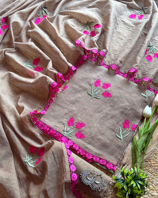 Raspberry french knots soft Mul Chanderi suit set