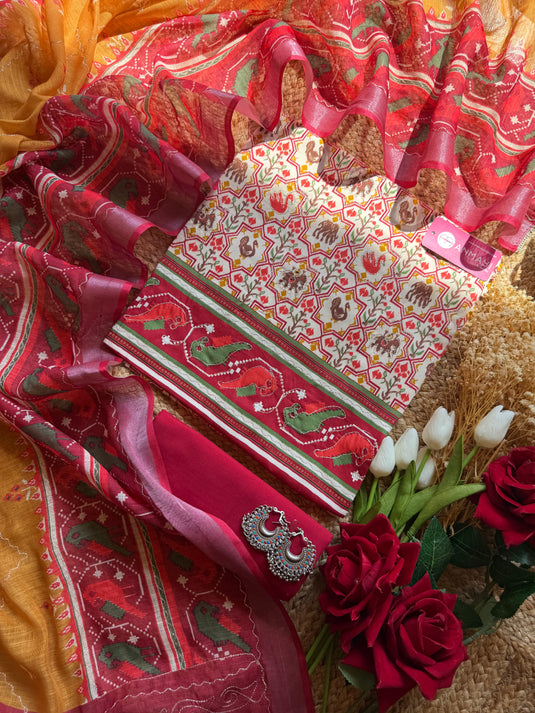 Cambric cotton Patola print suit set with highlighting and linen dupatta