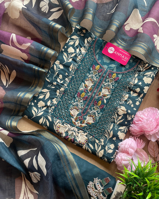 Leafy bright jaam cotton suit set with combination dupatta