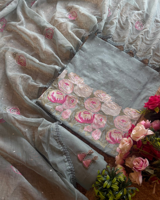 Aari work end silver Dori pastel Mul Chanderi suit set