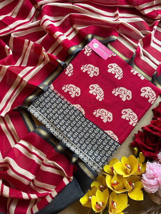 Block print pure 70 gms Chanderi suit set with embroidered borders