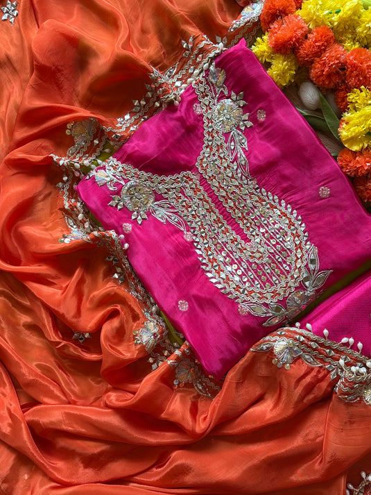 Combination Banarasi upada silk mirror gotta neck suit set with tassel work