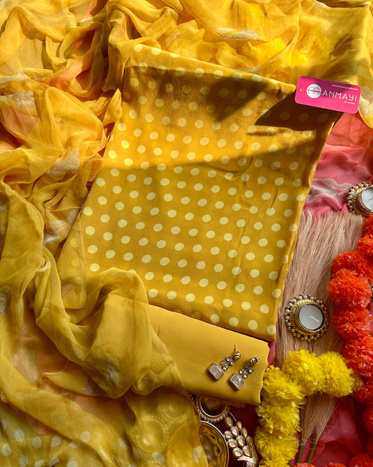 Mini polka dots pure crepe suit set with floral chiffon dupatta