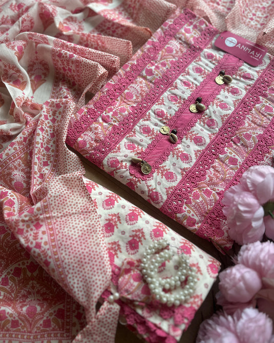 Embroidered shell neck printed pure cotton suit with crochet details