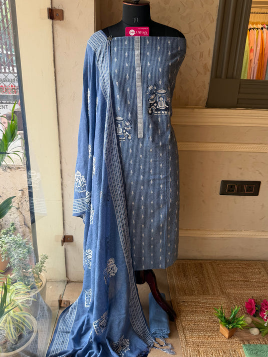Elephant motif indigo cotton suit set