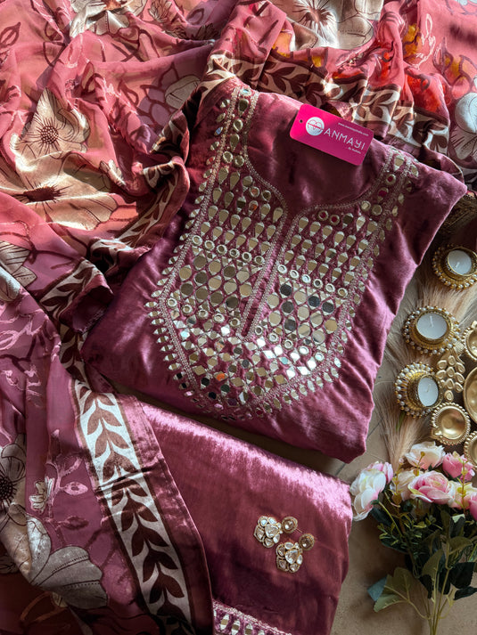 Mirror work micro velvet suit set