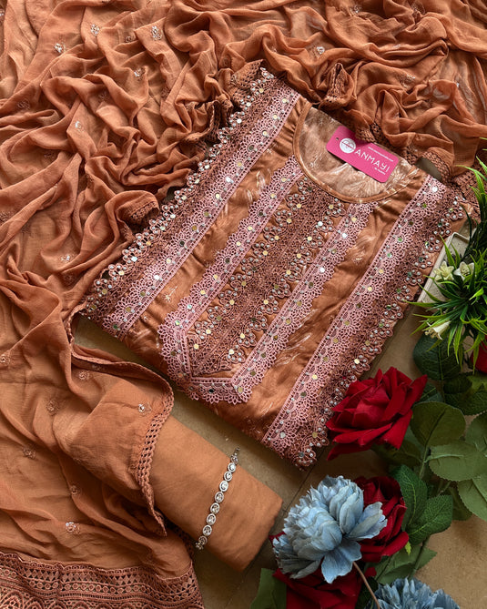 Pakistani crochet real mirror work cotton suit set