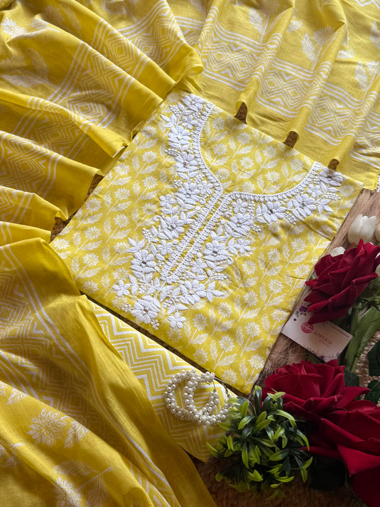 Phulkari neck printed cambric cotton suit set