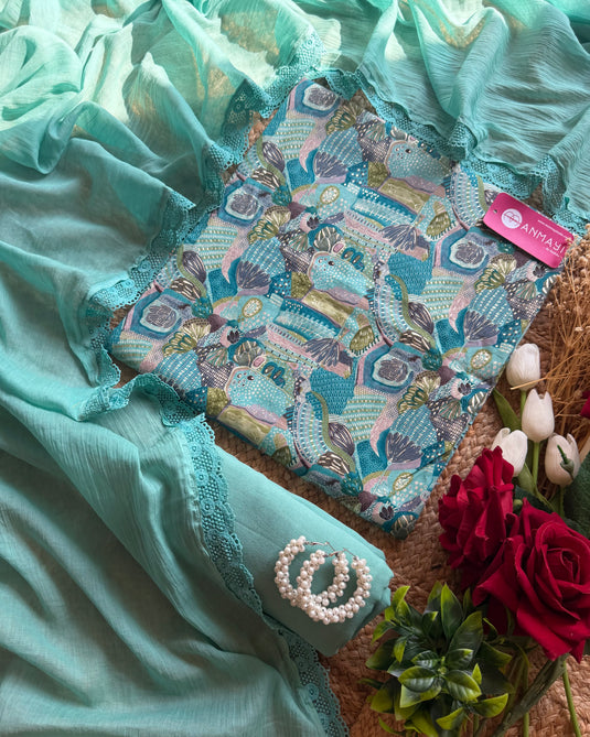 Crochet neck printed cotton suit with neck highlight