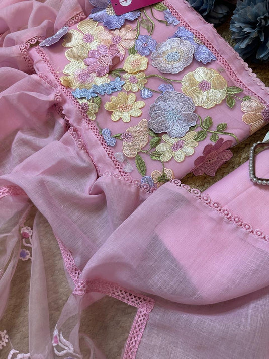 Coloured 3D floral patch linen cotton suits