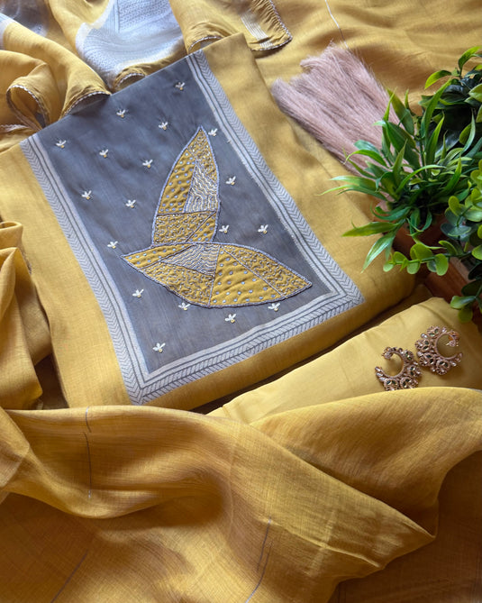 Golden mustard smoky grey leaf inspired neck pure Jamdani suit set