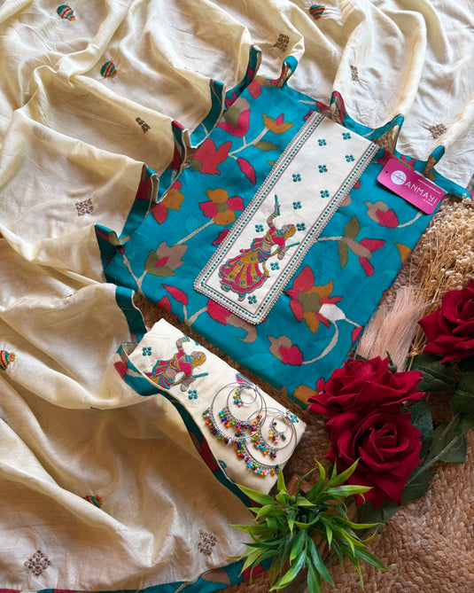 Dandiya Cambric cotton suit set with embroidered bottom and dupatta