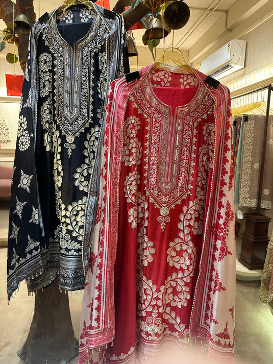 Floral patterned pearl highlight raw silk suit set