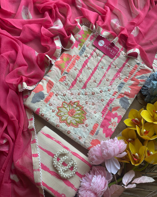 Neon flower cotton suit with pure chiffon batik dupatta