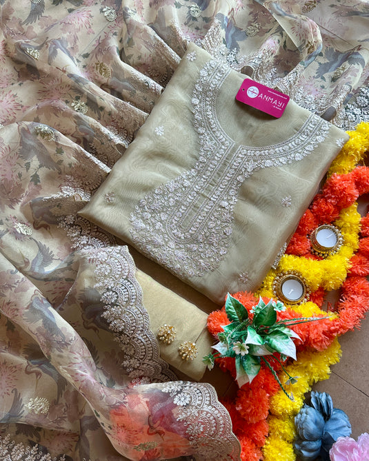 Golden tissue dori suit set with digital dupatta