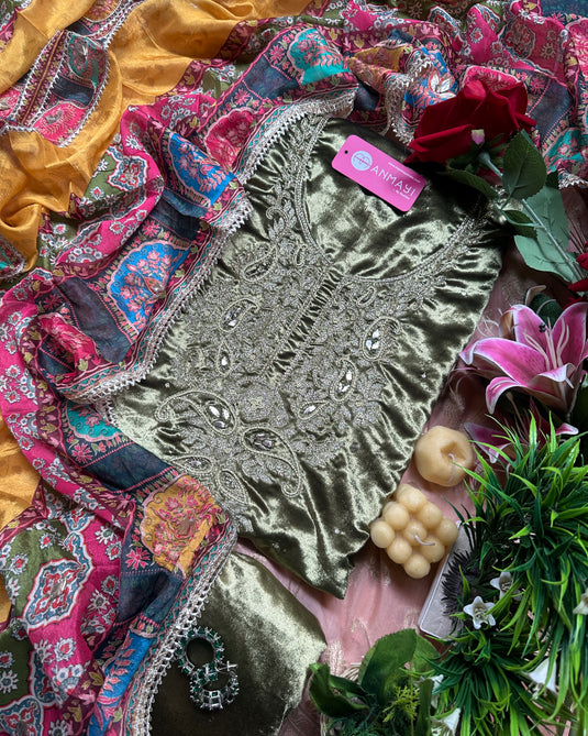 Soft and pure velvet suits with georgette gotta work dupatta