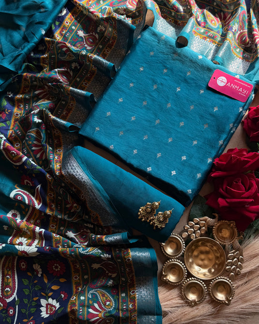 Peacock banarasi pure silk suit with print dupatta