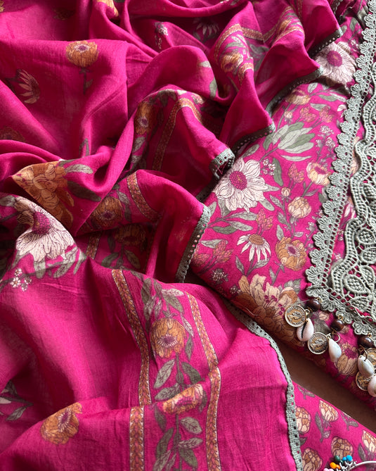 Crochet work pure cotton floral suit set with cotton dupattas