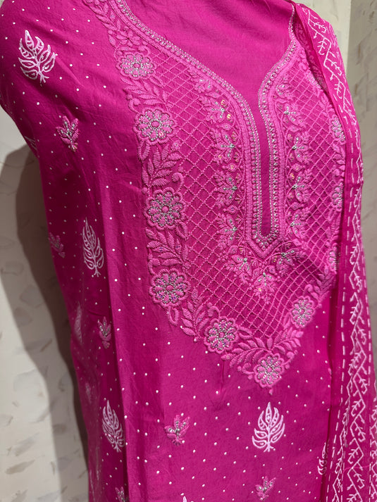 Fuchsia pink lucknawi Chikankari pure cotton suit set with chiffon block print dupatta