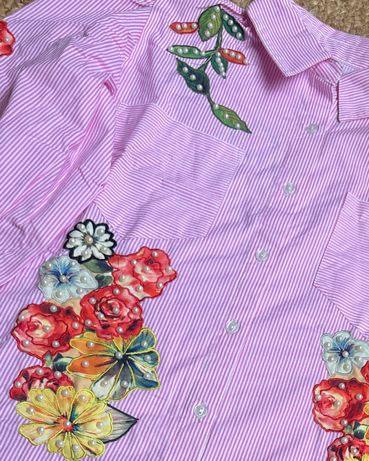 Stripy high low pattern patch pearl detailed coord set with denim bottoms