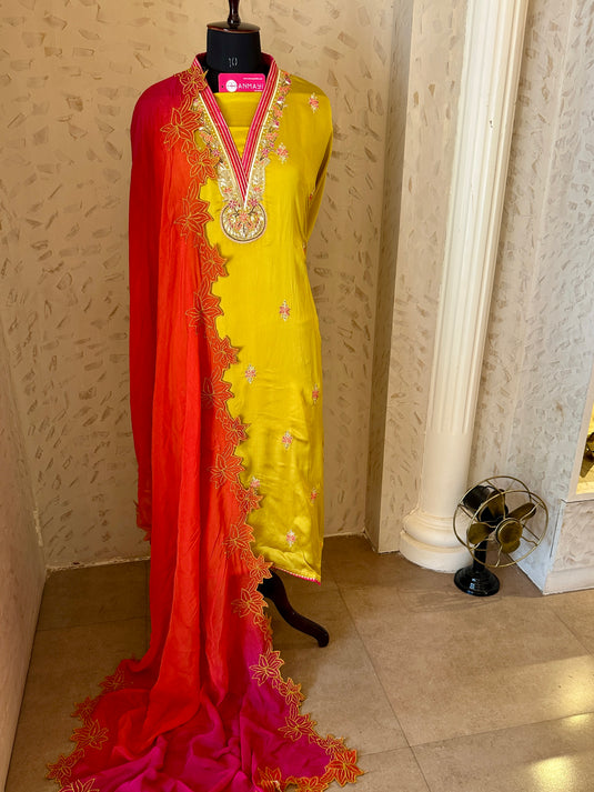 Embroidered round v neck satin silk suit with ombré georgette dupatta