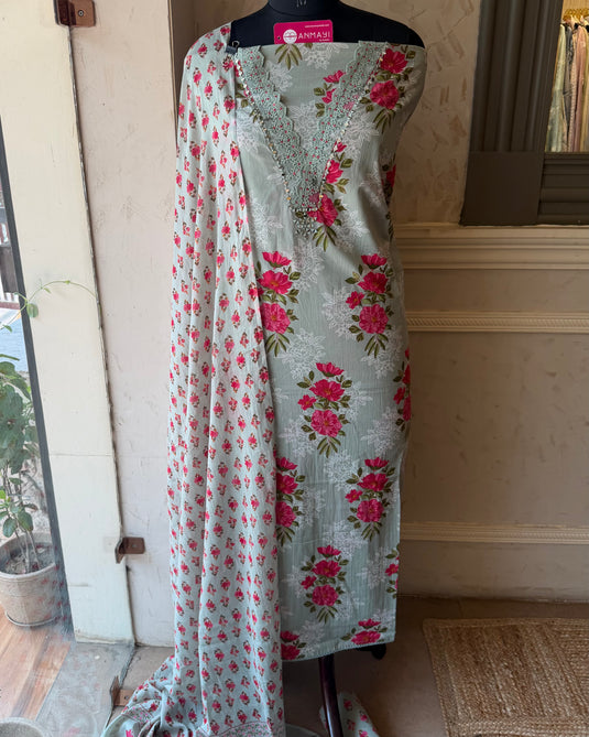Blushing rose lace neck pure cotton suit set
