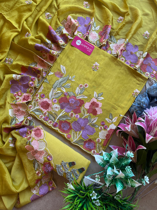 Floral affair soft muslin silk suit set with chinnon dupatta