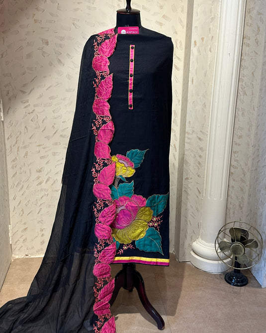 Appliqué work pure mul chanderi suit with cutwork dupatta