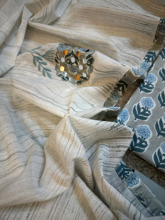 Block print Jaipuri fine cotton suit with paper mirror work