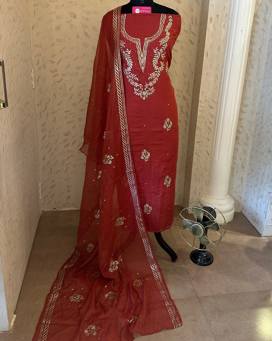 Anarkali pita work festive Mul Chanderi suit set